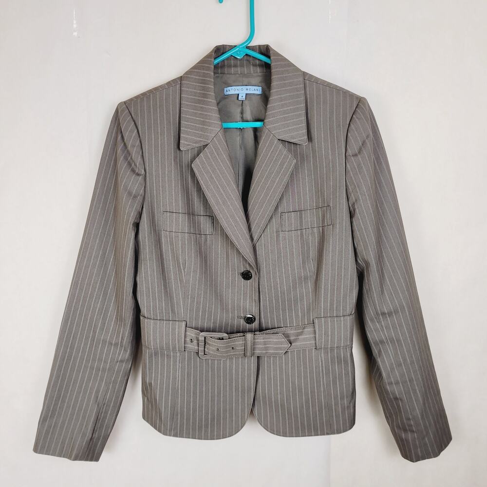 Antonio Melani grey pinstripe belted blazer Sz 10 Officecore Tailored Old Money